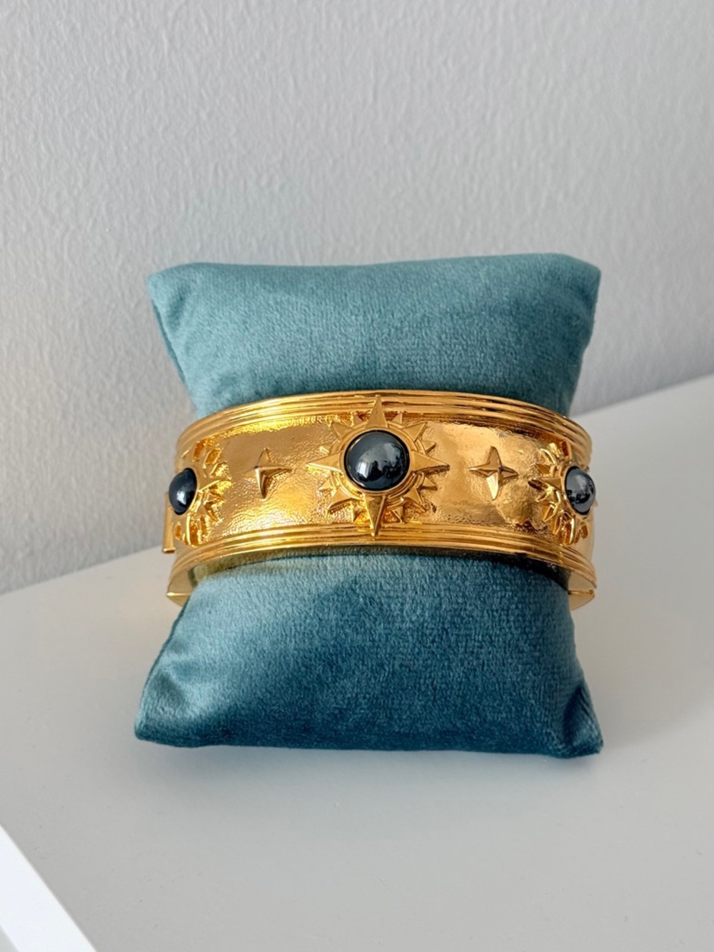 Vintage 90s Cabouchon Celestial Gold Plated Hinged Cuff Bracelet